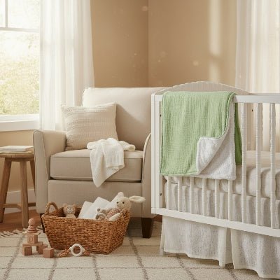 couverture bebe lizia vert sur lit