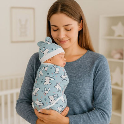 couverture emmaillotage swadi lapin bleu maman bebe