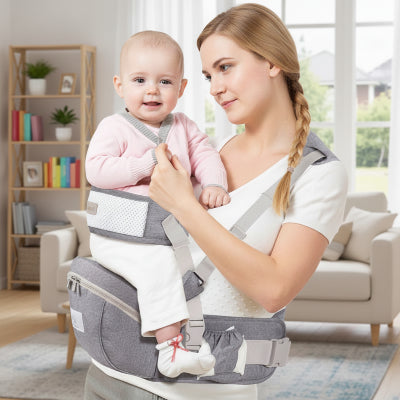 Porte bebe ergonomique Esmee  maman avec bebe fille dans le salon