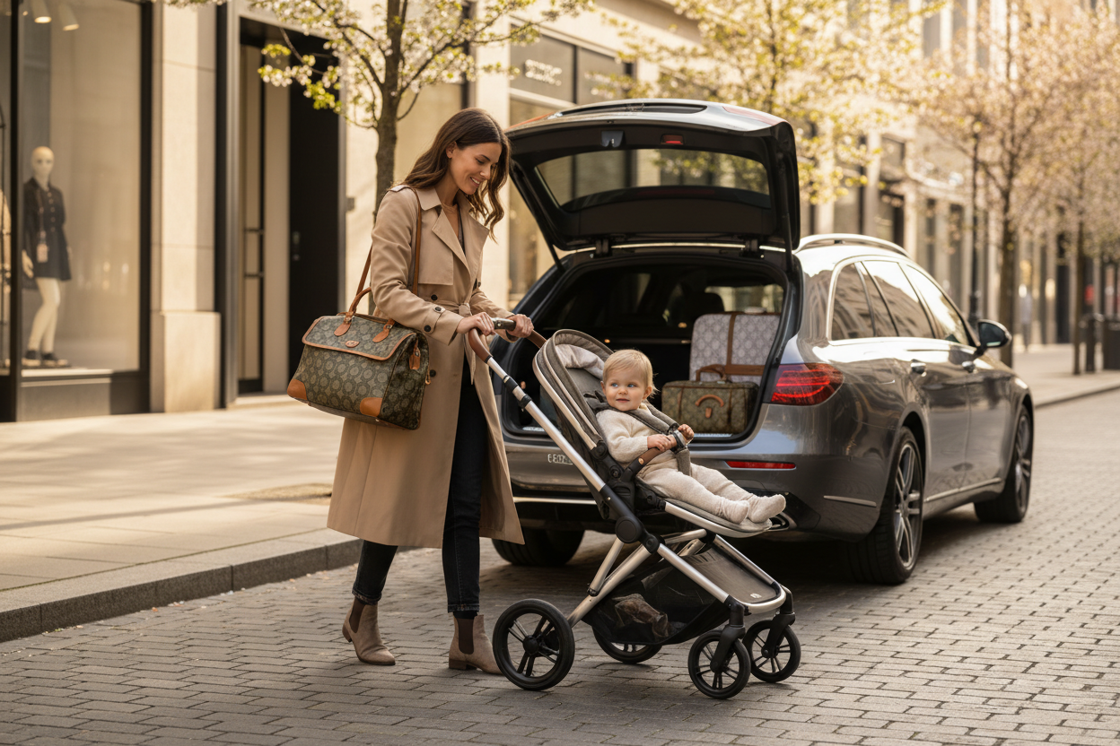 présente une maman avec une poussette un sac a langer sur lépaule, et un joilie bébé dans la poucette. a coté du voiture de luxe avec le coffre ouvert 