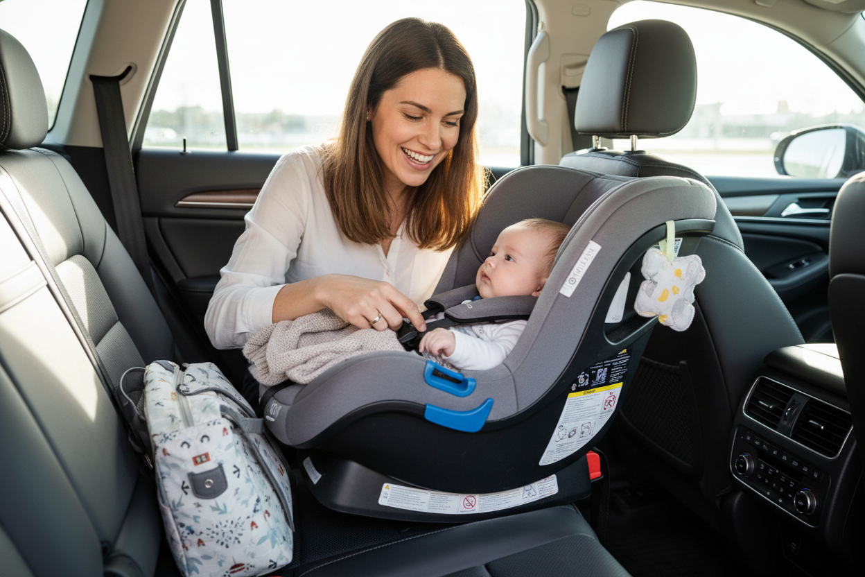 une maman installe son bébé sur un siege auto dans une voiture, avec le sourire 